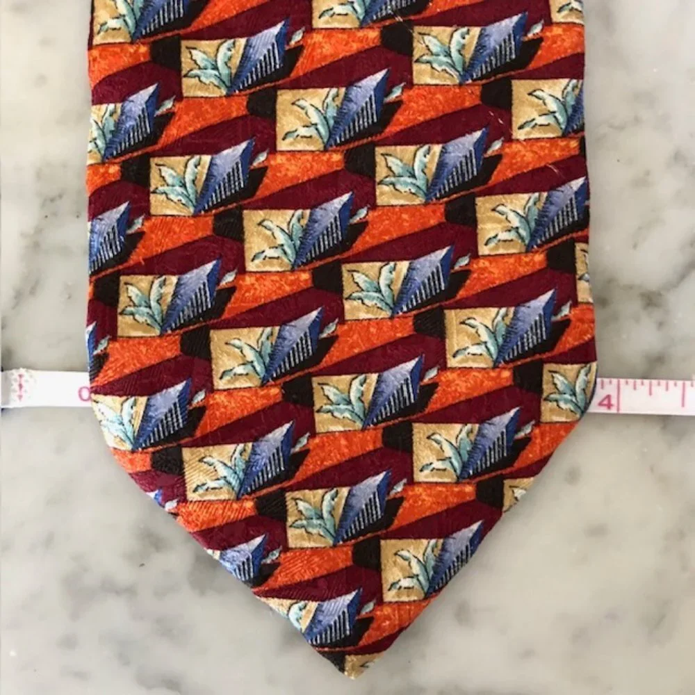 ERMENEGILDO ZEGNA Silk Leaf Geo Block Orange Blue Red Tie - Picture 13 of 15